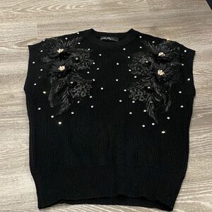Black Embellished Sleeveless Sweater